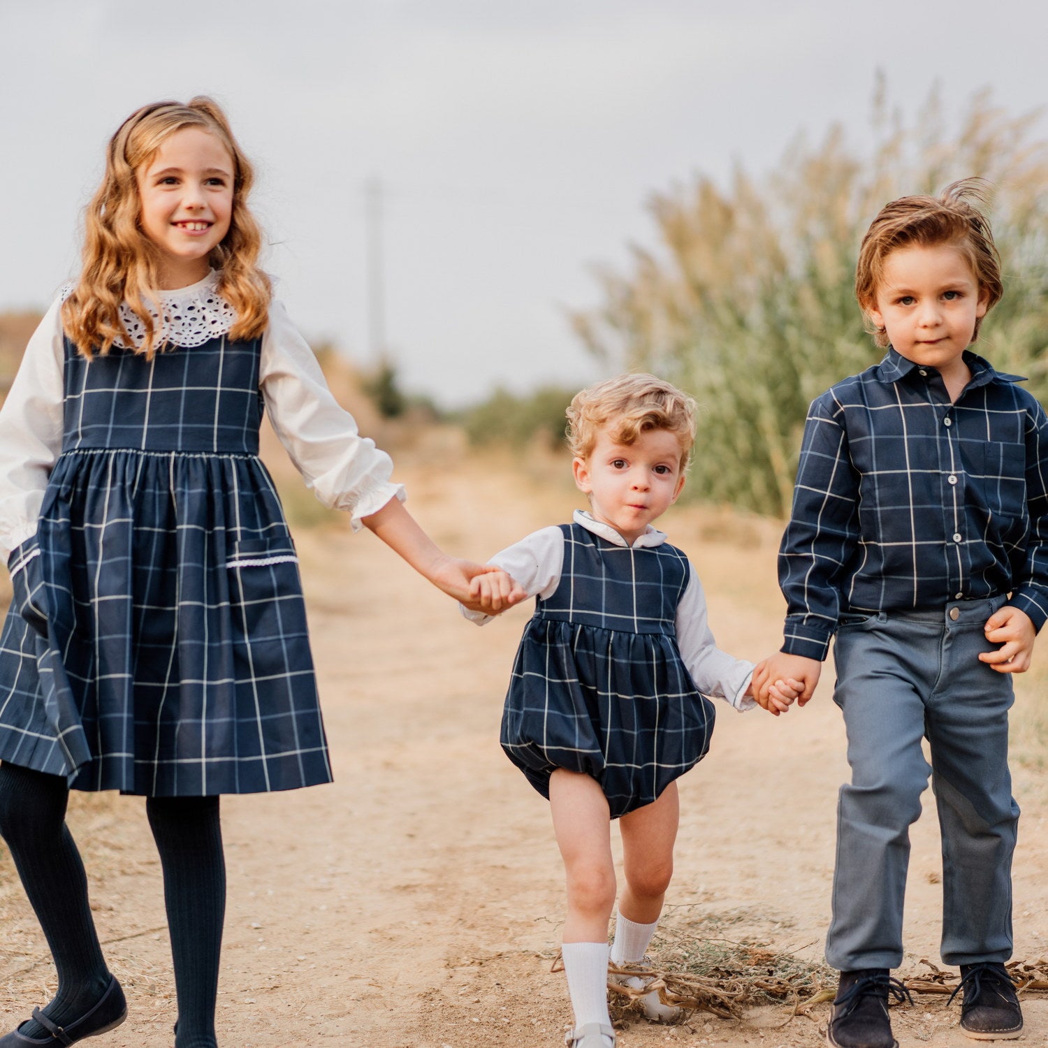 Girl Navy Check Pinafore Dress