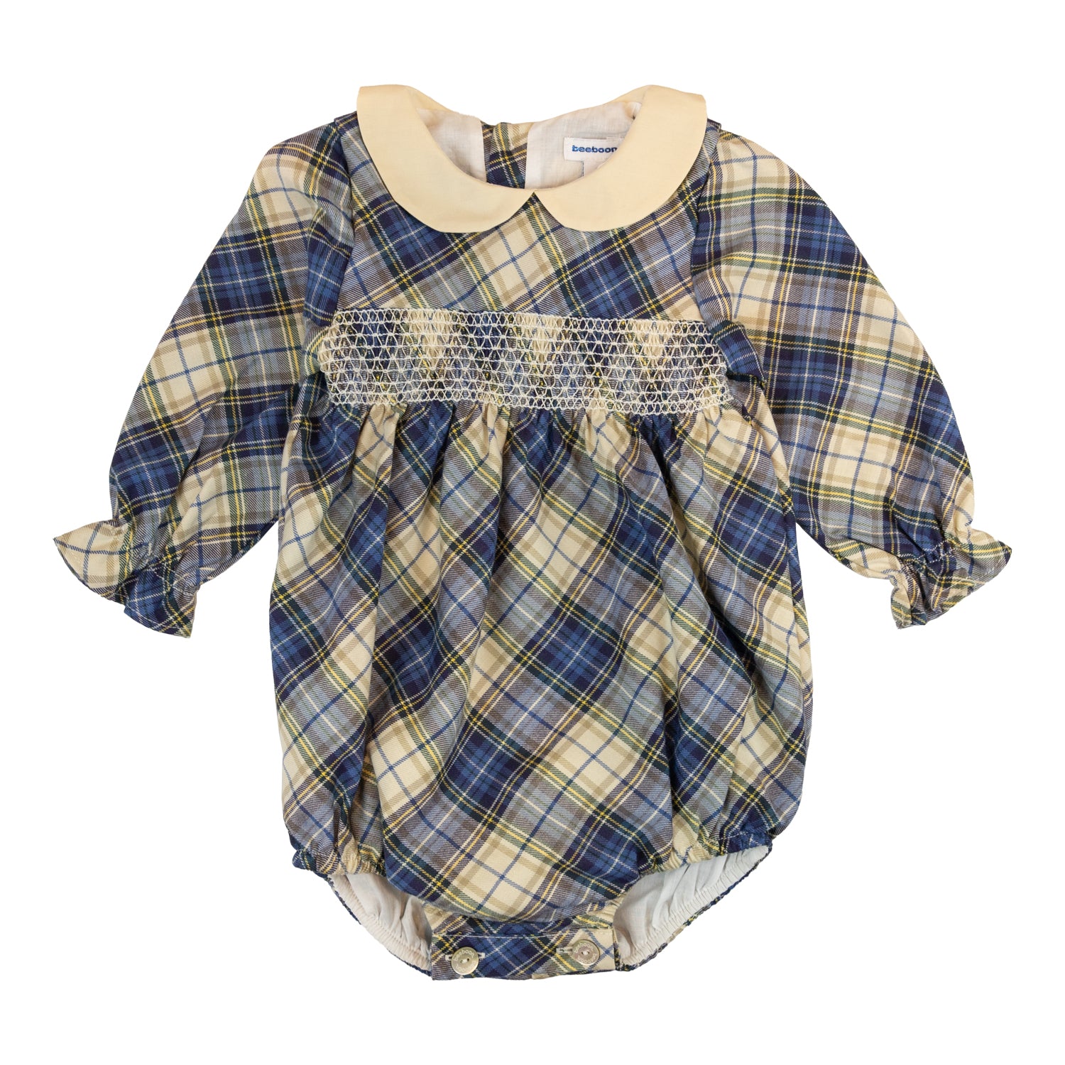 Baby Navy & Camel Tartan Hand Smocked Romper