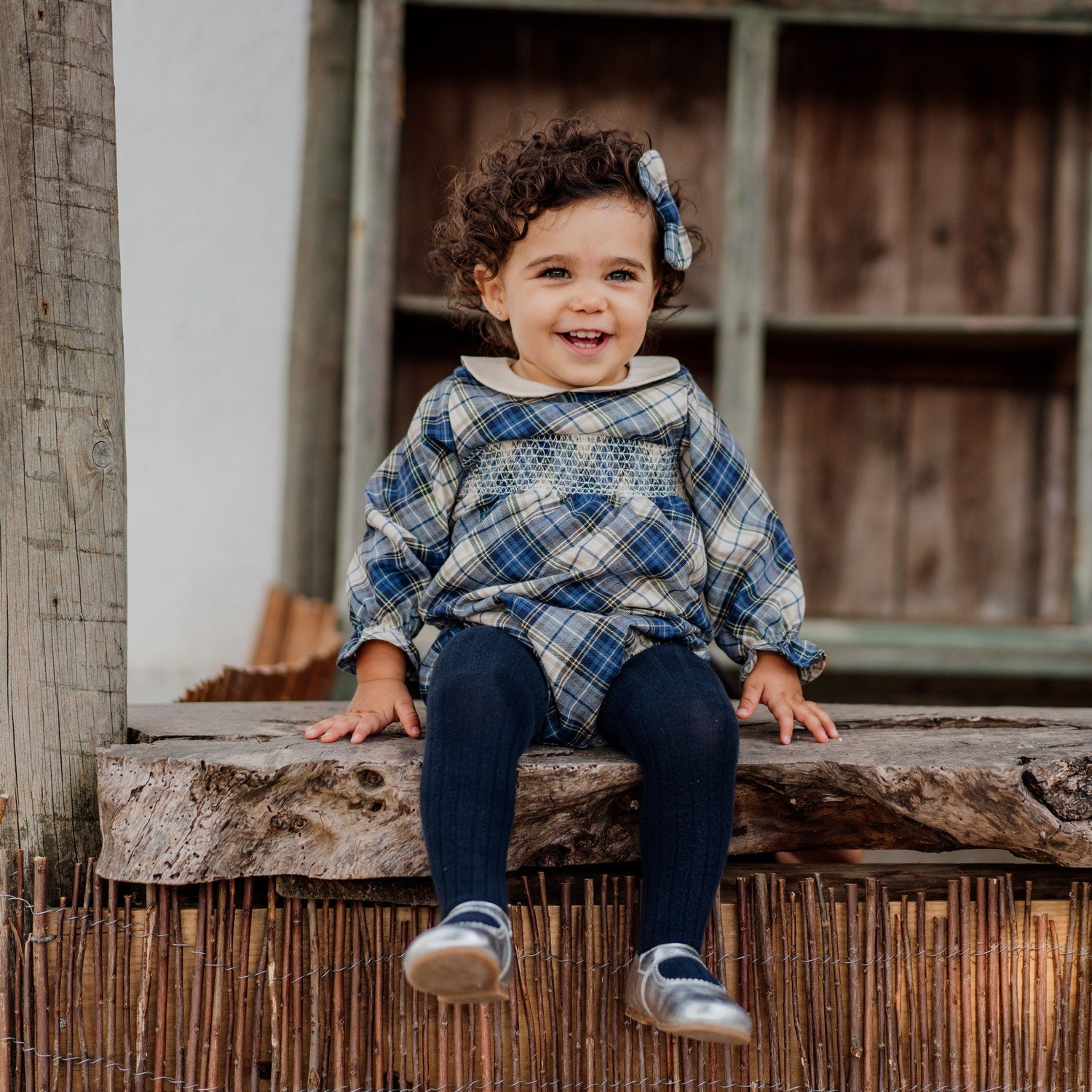 Baby Navy & Camel Tartan Hand Smocked Romper