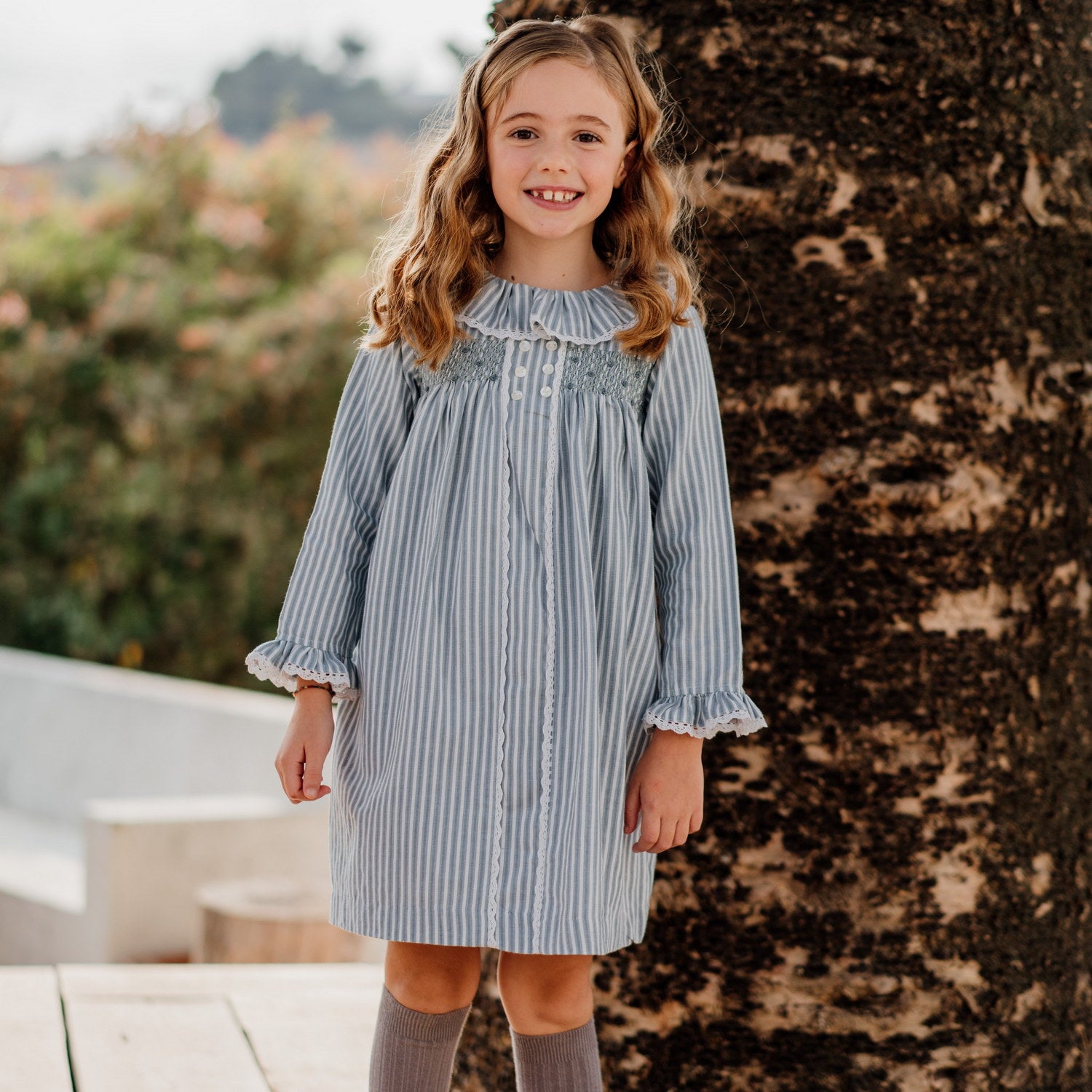 Girl Green & Grey Stripes Hand Smocked Dress