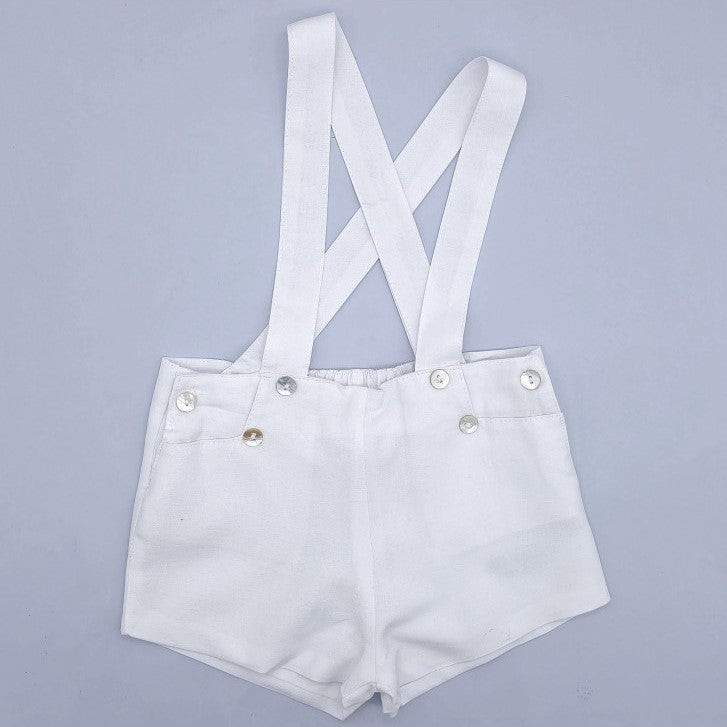 Baby White Linen Suspender Shorts