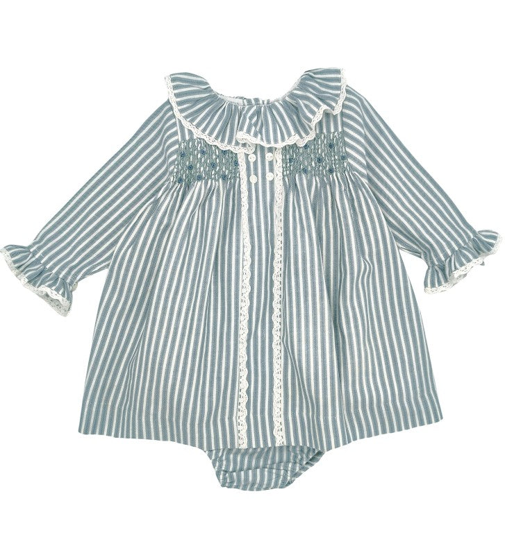 Girl Green & Grey Stripes Hand Smocked Dress