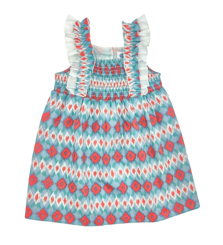 Girl Coral Ikat Butterfly Sleeve Dress